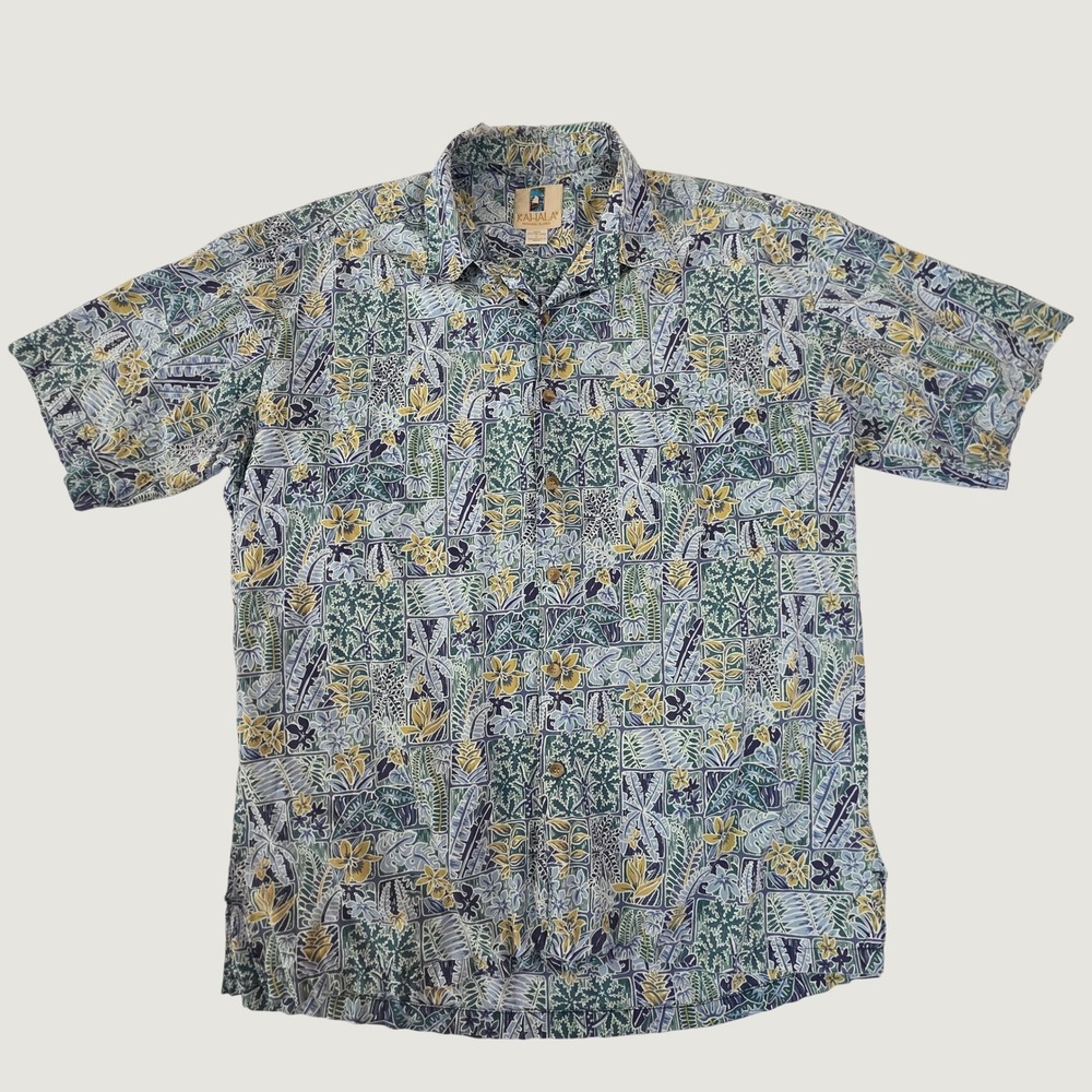 Kahala Hawaiian Shirt Blue Tropical Floral Block Print 100% Cotton Lawn Large